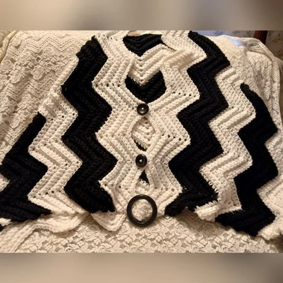 Hand Crochet Black and White Chevron Knit Shawl with Buttons - Picture 1 of 7